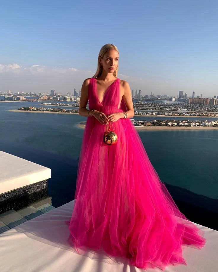 Vestido formal rosa con escote en V y tirantes largos de tul, vestido de fiesta, vestido de noche / Tiendas con vestidos de fiesta